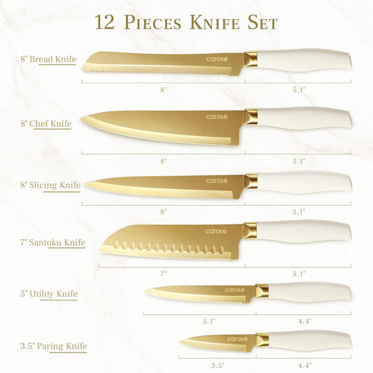 Kitchen Knife Set, 6 Gold Knives with 6 Blade Guards, 12-Piece | Stainless Steel Blades, Ceramic Nonstick Coating, Long-Lasting Sharpness, Rust-Resistant, Non-Slip, Dishwasher Safe