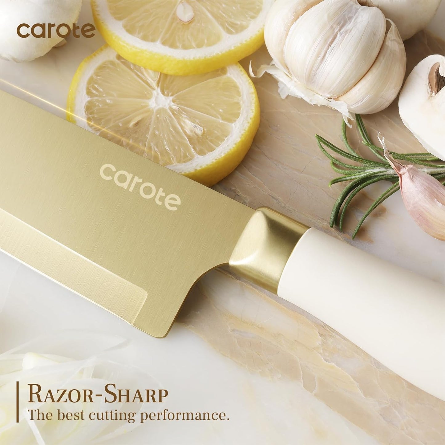 Kitchen Knife Set, 6 Gold Knives with 6 Blade Guards, 12-Piece | Stainless Steel Blades, Ceramic Nonstick Coating, Long-Lasting Sharpness, Rust-Resistant, Non-Slip, Dishwasher Safe