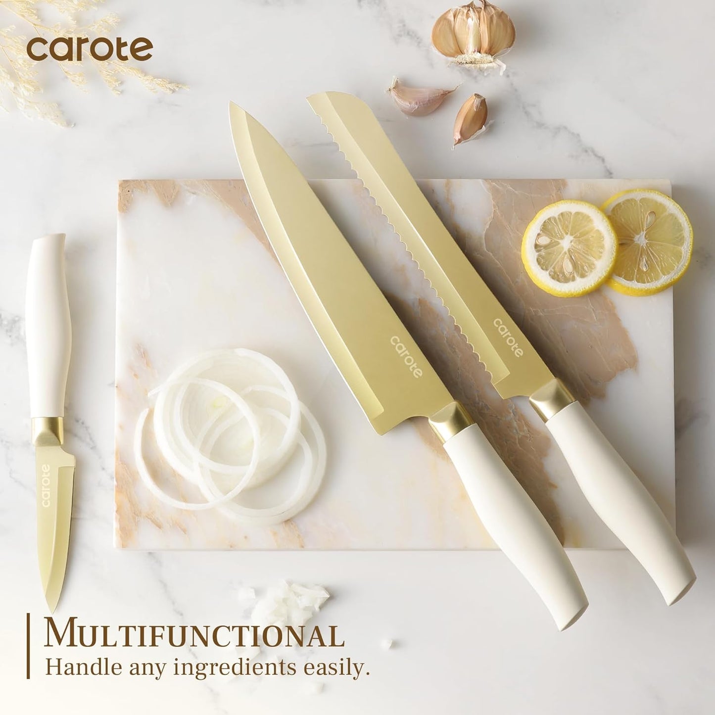 Kitchen Knife Set, 6 Gold Knives with 6 Blade Guards, 12-Piece | Stainless Steel Blades, Ceramic Nonstick Coating, Long-Lasting Sharpness, Rust-Resistant, Non-Slip, Dishwasher Safe