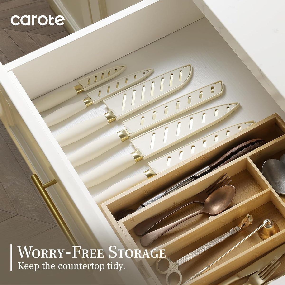 Kitchen Knife Set, 6 Gold Knives with 6 Blade Guards, 12-Piece | Stainless Steel Blades, Ceramic Nonstick Coating, Long-Lasting Sharpness, Rust-Resistant, Non-Slip, Dishwasher Safe