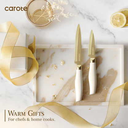 Kitchen Knife Set, 6 Gold Knives with 6 Blade Guards, 12-Piece | Stainless Steel Blades, Ceramic Nonstick Coating, Long-Lasting Sharpness, Rust-Resistant, Non-Slip, Dishwasher Safe