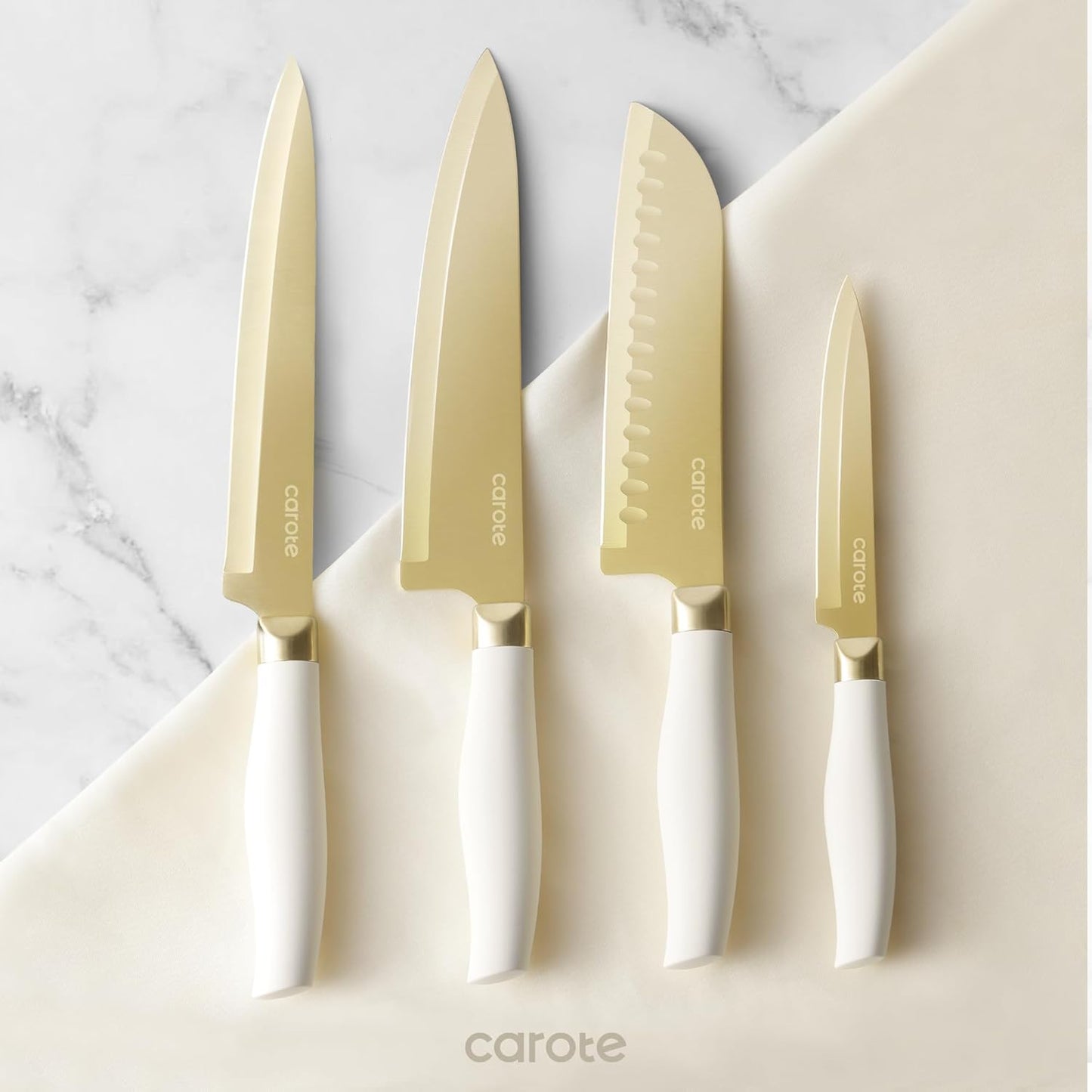 Kitchen Knife Set, 6 Gold Knives with 6 Blade Guards, 12-Piece | Stainless Steel Blades, Ceramic Nonstick Coating, Long-Lasting Sharpness, Rust-Resistant, Non-Slip, Dishwasher Safe