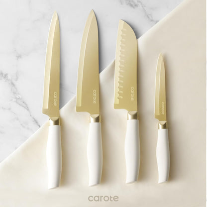 Kitchen Knife Set, 6 Gold Knives with 6 Blade Guards, 12-Piece | Stainless Steel Blades, Ceramic Nonstick Coating, Long-Lasting Sharpness, Rust-Resistant, Non-Slip, Dishwasher Safe