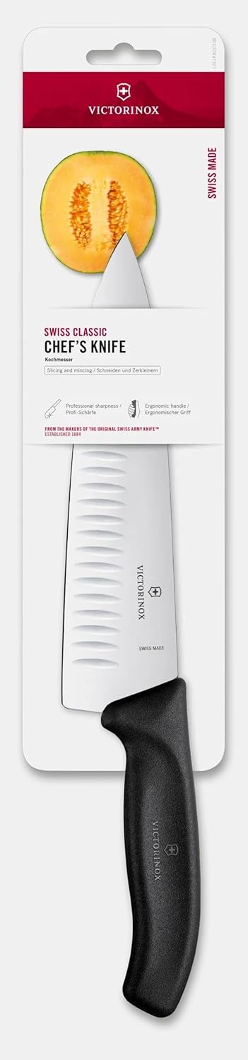 Swiss Classic 8 Inch Chef's Knife with Granton Blade, Stainless Steel, Black