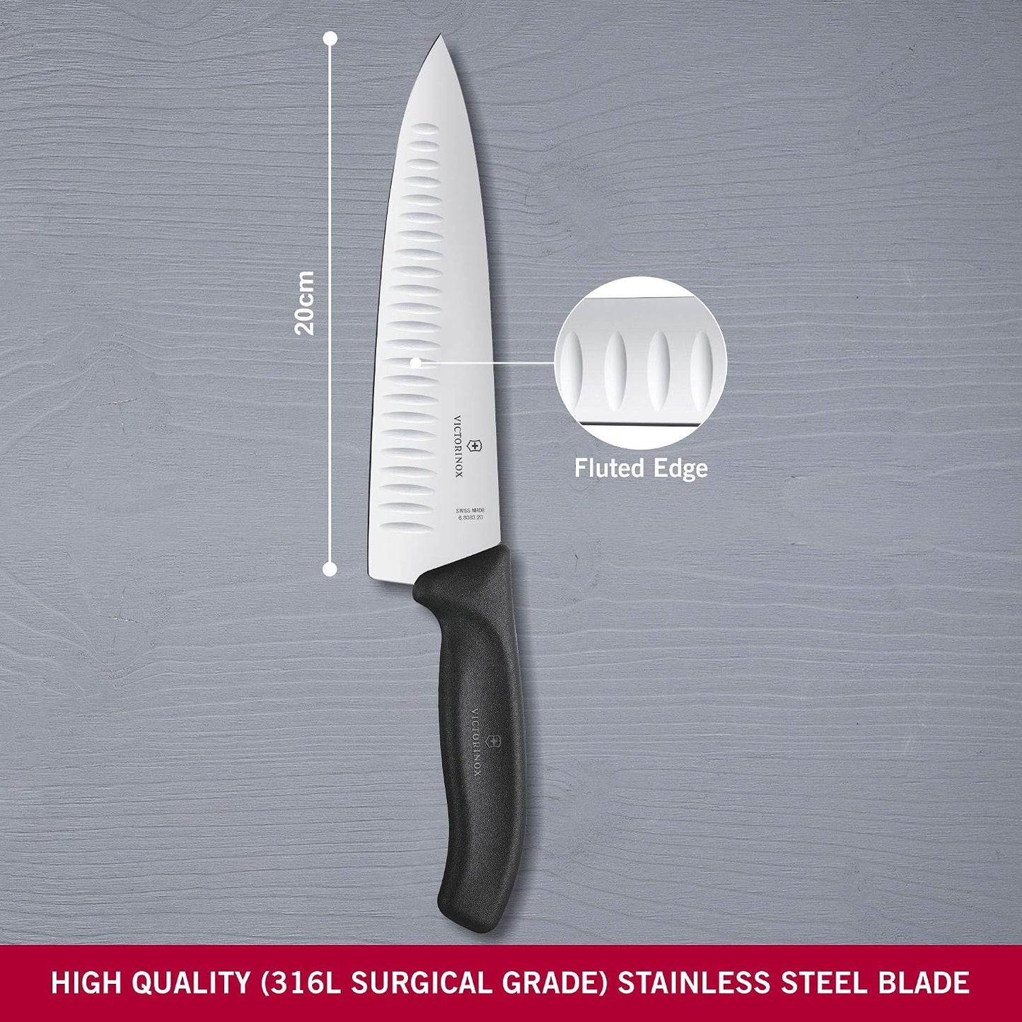 Swiss Classic 8 Inch Chef's Knife with Granton Blade, Stainless Steel, Black