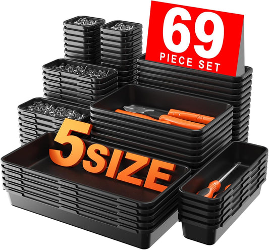 【More Larger Size】 【69 PCS-5 Size】 Tool Box Organizer Tray Divider Set【Black】 Desk Drawer Organizer Bin, Garage Organization and Storage Toolbox for Rolling Tool Chest Cart Cabinet WorkBench