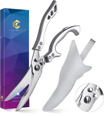 Poultry Shears - Heavy Duty, Stainless Steel, with Leather Sheath | Kitchen Scissor All Purpose, Ergonomic Non-slip Handle,Cooking Shear for Meat, Herb, Turkey, Fish & Vegetables, Gift Box
