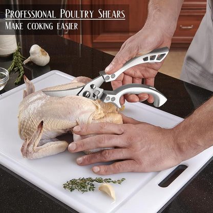 Poultry Shears - Heavy Duty, Stainless Steel, with Leather Sheath | Kitchen Scissor All Purpose, Ergonomic Non-slip Handle,Cooking Shear for Meat, Herb, Turkey, Fish & Vegetables, Gift Box