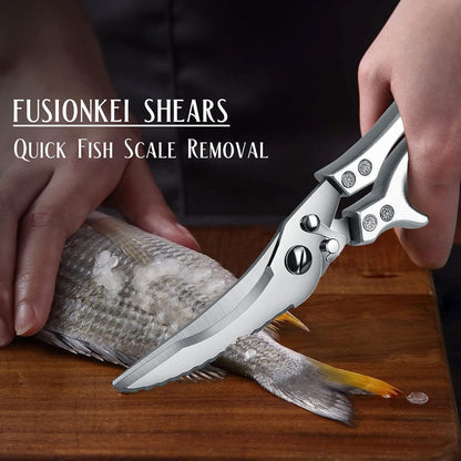 Poultry Shears - Heavy Duty, Stainless Steel, with Leather Sheath | Kitchen Scissor All Purpose, Ergonomic Non-slip Handle,Cooking Shear for Meat, Herb, Turkey, Fish & Vegetables, Gift Box