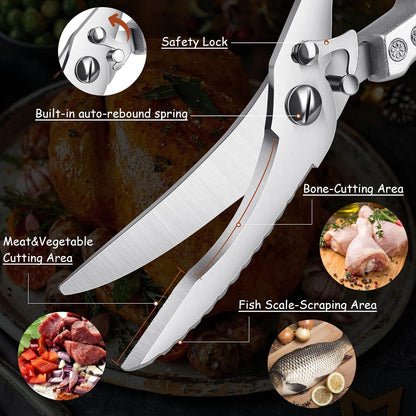 Poultry Shears - Heavy Duty, Stainless Steel, with Leather Sheath | Kitchen Scissor All Purpose, Ergonomic Non-slip Handle,Cooking Shear for Meat, Herb, Turkey, Fish & Vegetables, Gift Box