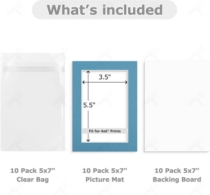 10 Pack Mixed Color Picture Mats 5x7 For 4x6+backing+bags