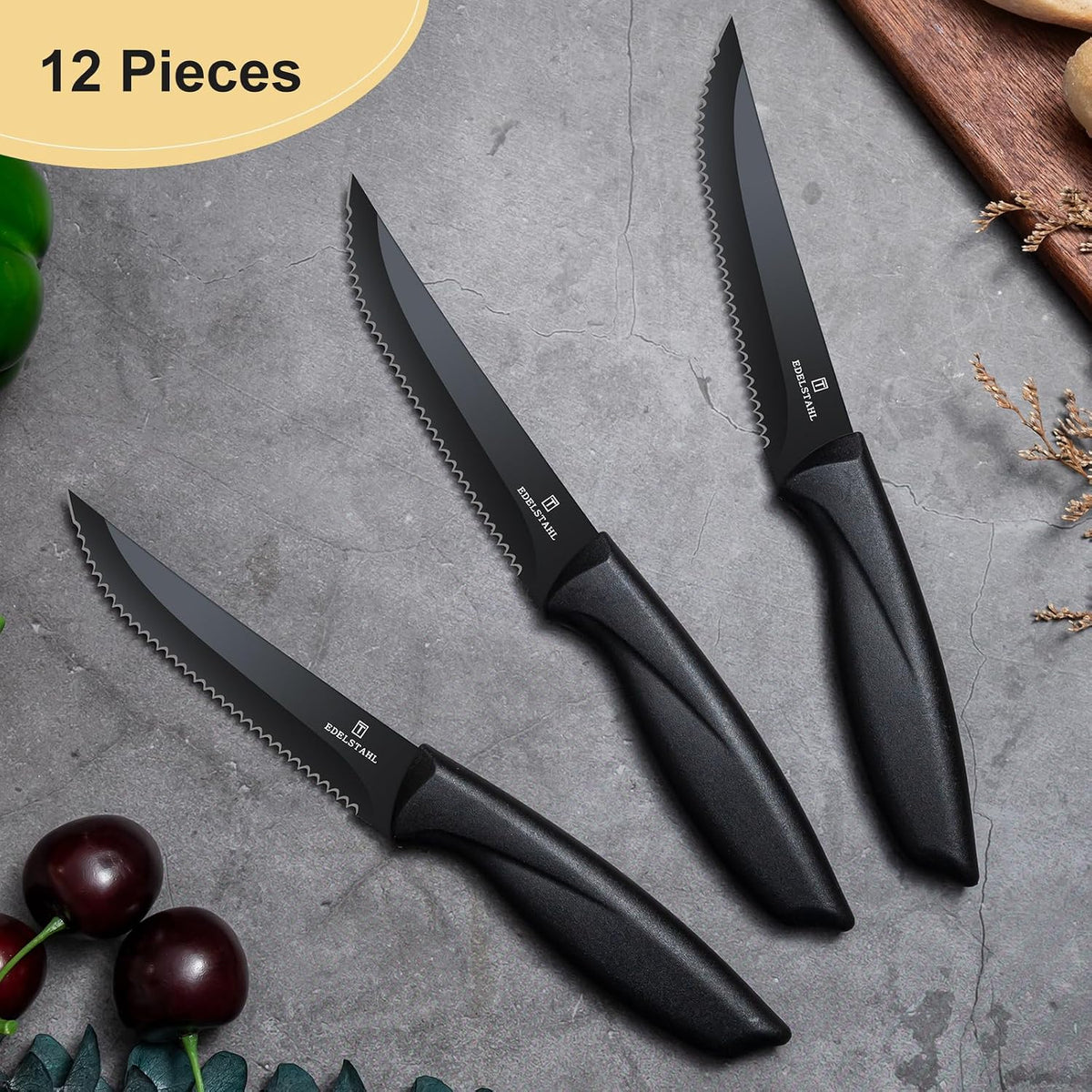 Serrated Steak Knives Set of 6, Steak Knife Set,Black Dinner Knives