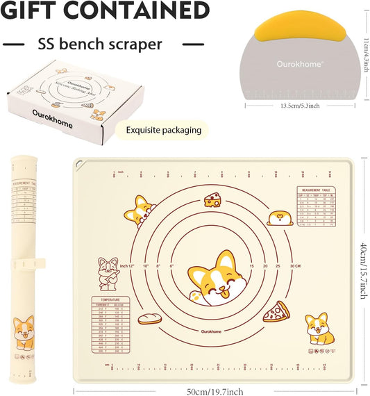 Silicone Baking Mat Sheet and Pastry Dough Cutter, 0.5 Inch Thick 20'' X 16" BPA free Silicone Rolling Mat, Non-Stick and Anti-Slip, Dishwasher Safe (Beige)