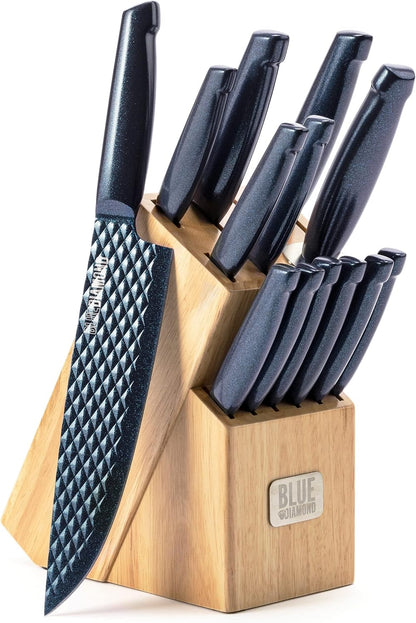 Blue Diamond Sharp Stone 14 Piece Knife Block Set, PFAS-Free Nonstick Diamond Textured Stainless Steel Blades, Rust Resistant Kitchen Cutlery, Chef & Steak Knives, Dishwasher Safe, Navy