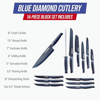 Blue Diamond Sharp Stone 14 Piece Knife Block Set, PFAS-Free Nonstick Diamond Textured Stainless Steel Blades, Rust Resistant Kitchen Cutlery, Chef & Steak Knives, Dishwasher Safe, Navy