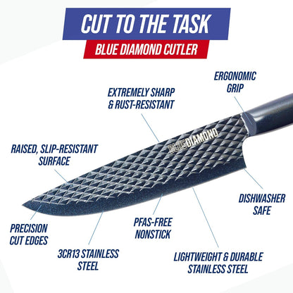 Blue Diamond Sharp Stone 14 Piece Knife Block Set, PFAS-Free Nonstick Diamond Textured Stainless Steel Blades, Rust Resistant Kitchen Cutlery, Chef & Steak Knives, Dishwasher Safe, Navy