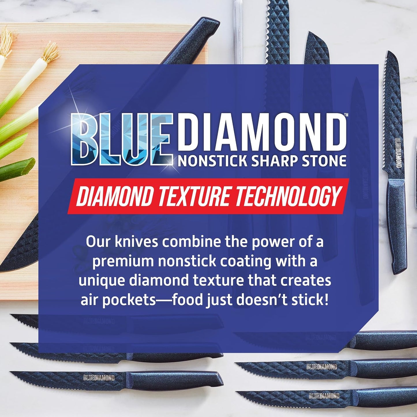Blue Diamond Sharp Stone 14 Piece Knife Block Set, PFAS-Free Nonstick Diamond Textured Stainless Steel Blades, Rust Resistant Kitchen Cutlery, Chef & Steak Knives, Dishwasher Safe, Navy