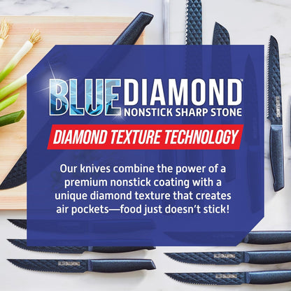 Blue Diamond Sharp Stone 14 Piece Knife Block Set, PFAS-Free Nonstick Diamond Textured Stainless Steel Blades, Rust Resistant Kitchen Cutlery, Chef & Steak Knives, Dishwasher Safe, Navy
