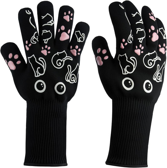 BBQ Gloves - 1472℉ Heat Resistant Grilling Cooking Oven Gloves with Fingers, 1 Pair Cat