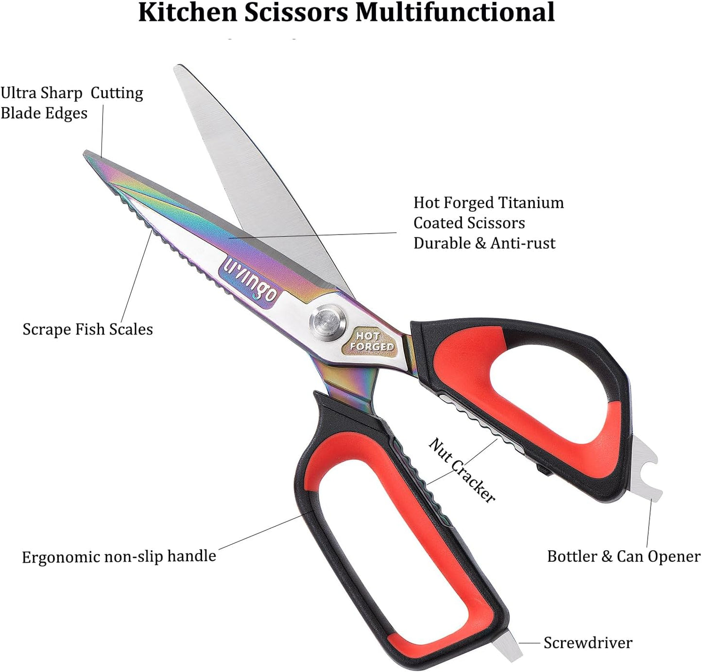 9" Sharp Kitchen Scissors for Food Titanium Coated Stainless Steel | Heavy Duty Poultry Shears with Titanium Coated Blade for Cutting Turkey, Bone, Meat and Vegetables, Dishwasher Safe Design