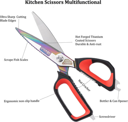 9" Sharp Kitchen Scissors for Food Titanium Coated Stainless Steel | Heavy Duty Poultry Shears with Titanium Coated Blade for Cutting Turkey, Bone, Meat and Vegetables, Dishwasher Safe Design
