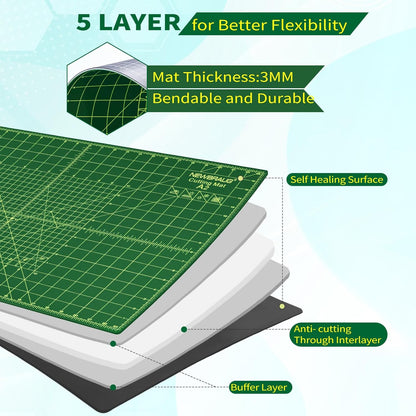 9'' × 12'' Professional Self Healing Cutting Double Sided 5-Ply Mat, Best Gridded Rotary Cutting Board for Quilting, Sewing, Craft, Fabric & Scrapbooking (Green/Black)…