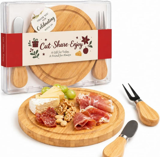 6-Inch Bamboo Cheese Board Set with Knife & Fork, Personal Charcuterie Board & Dessert Plate, Reusable PP Storage Box, Gift-Ready for Wedding, Bridal Shower, Baby Shower, Party, 1 Pack