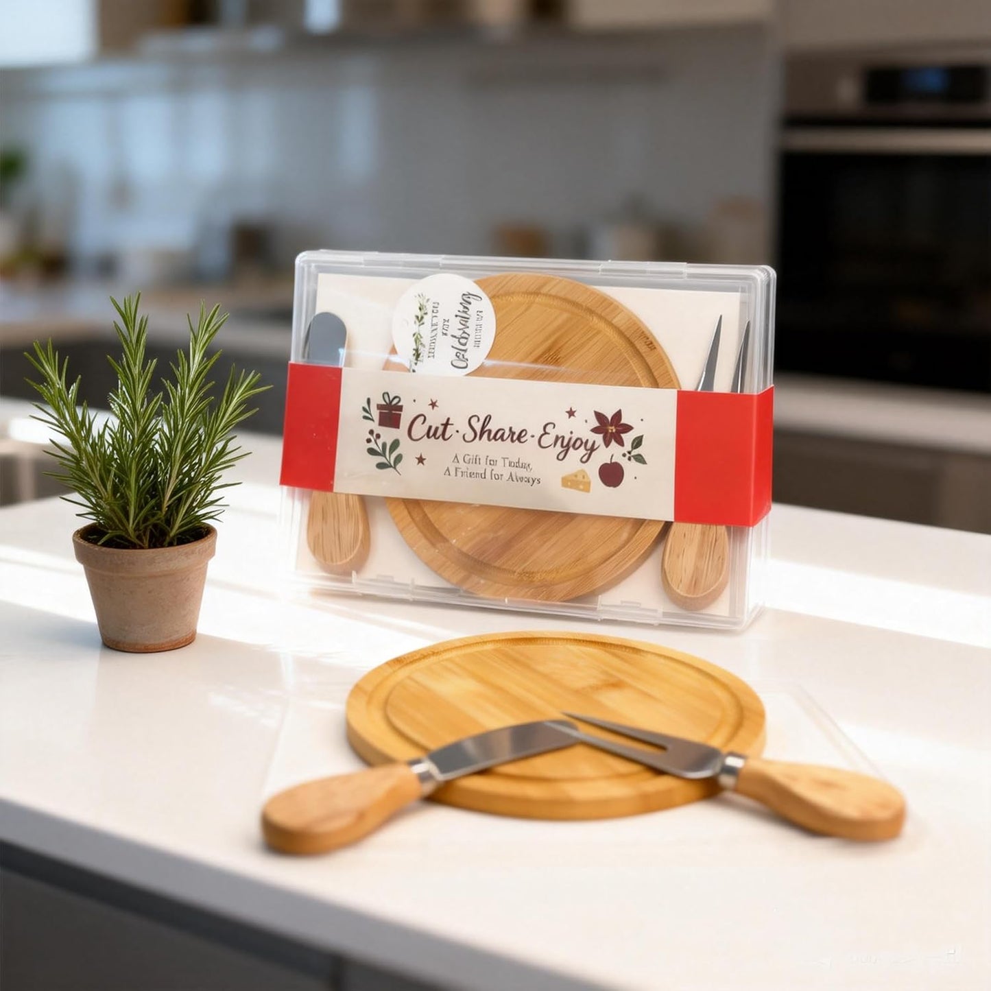 6-Inch Bamboo Cheese Board Set with Knife & Fork, Personal Charcuterie Board & Dessert Plate, Reusable PP Storage Box, Gift-Ready for Wedding, Bridal Shower, Baby Shower, Party, 1 Pack