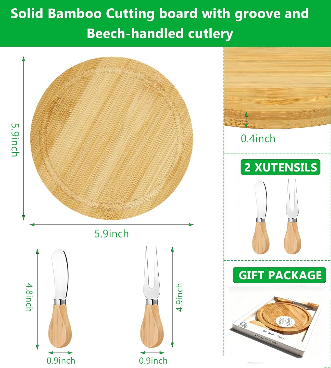 6-Inch Bamboo Cheese Board Set with Knife & Fork, Personal Charcuterie Board & Dessert Plate, Reusable PP Storage Box, Gift-Ready for Wedding, Bridal Shower, Baby Shower, Party, 1 Pack
