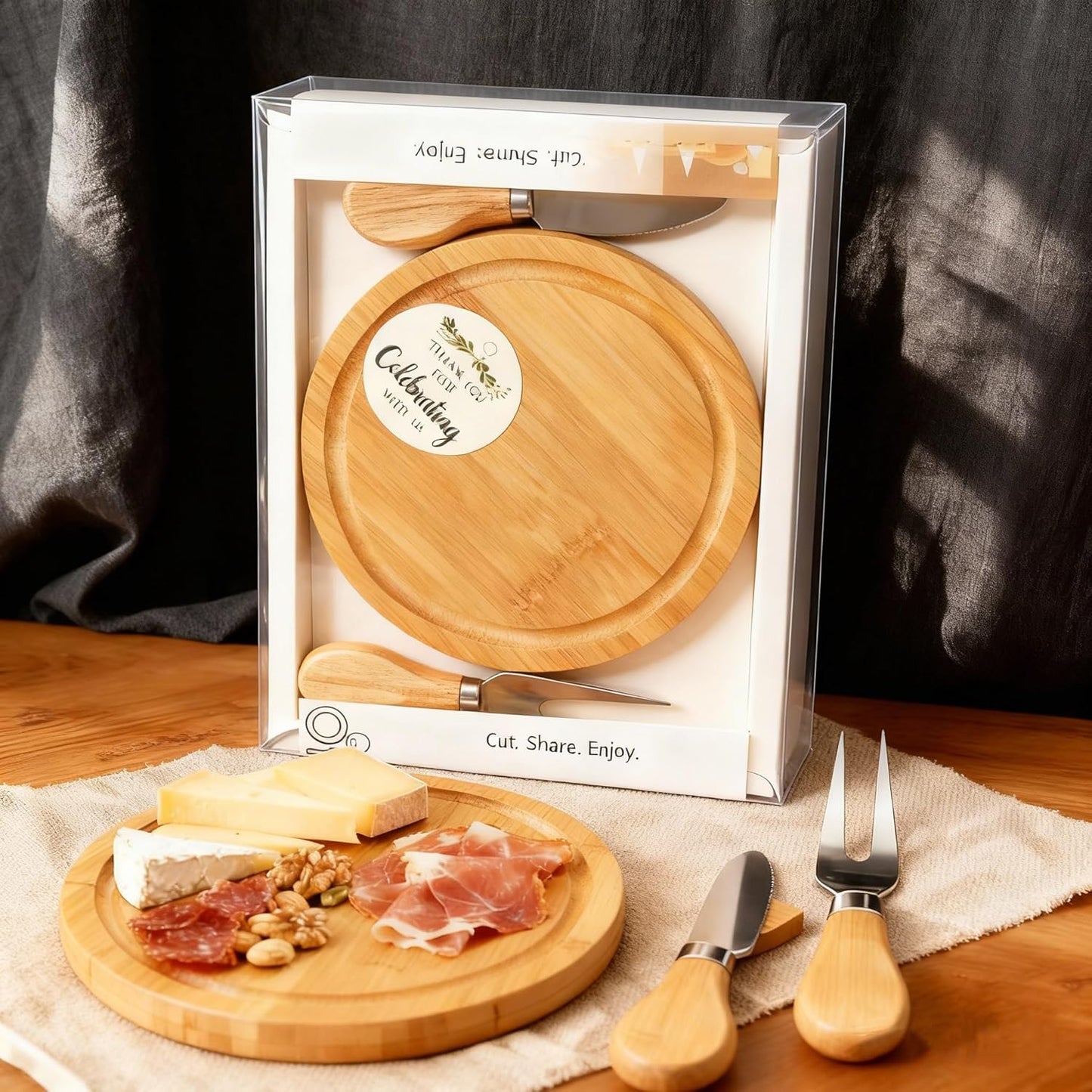 6-Inch Bamboo Cheese Board Set with Knife & Fork, Personal Charcuterie Board & Dessert Plate, Reusable PP Storage Box, Gift-Ready for Wedding, Bridal Shower, Baby Shower, Party, 1 Pack