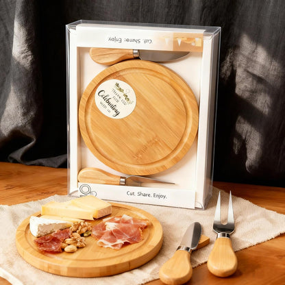 6-Inch Bamboo Cheese Board Set with Knife & Fork, Personal Charcuterie Board & Dessert Plate, Reusable PP Storage Box, Gift-Ready for Wedding, Bridal Shower, Baby Shower, Party, 1 Pack