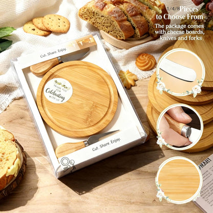 6-Inch Bamboo Cheese Board Set with Knife & Fork, Personal Charcuterie Board & Dessert Plate, Reusable PP Storage Box, Gift-Ready for Wedding, Bridal Shower, Baby Shower, Party, 1 Pack