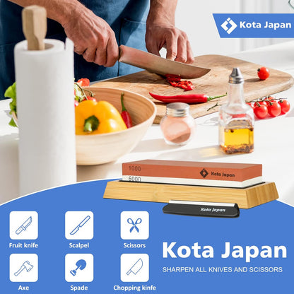 1000-grit Coarse Side and 6000-grit Polishing Side Knife Sharpening Whetstone with Bamboo Base and Blade Guide | Dual-sided design combines coarse sharpening and fine polishing in one stone. Complete kit for home knife maintenance.