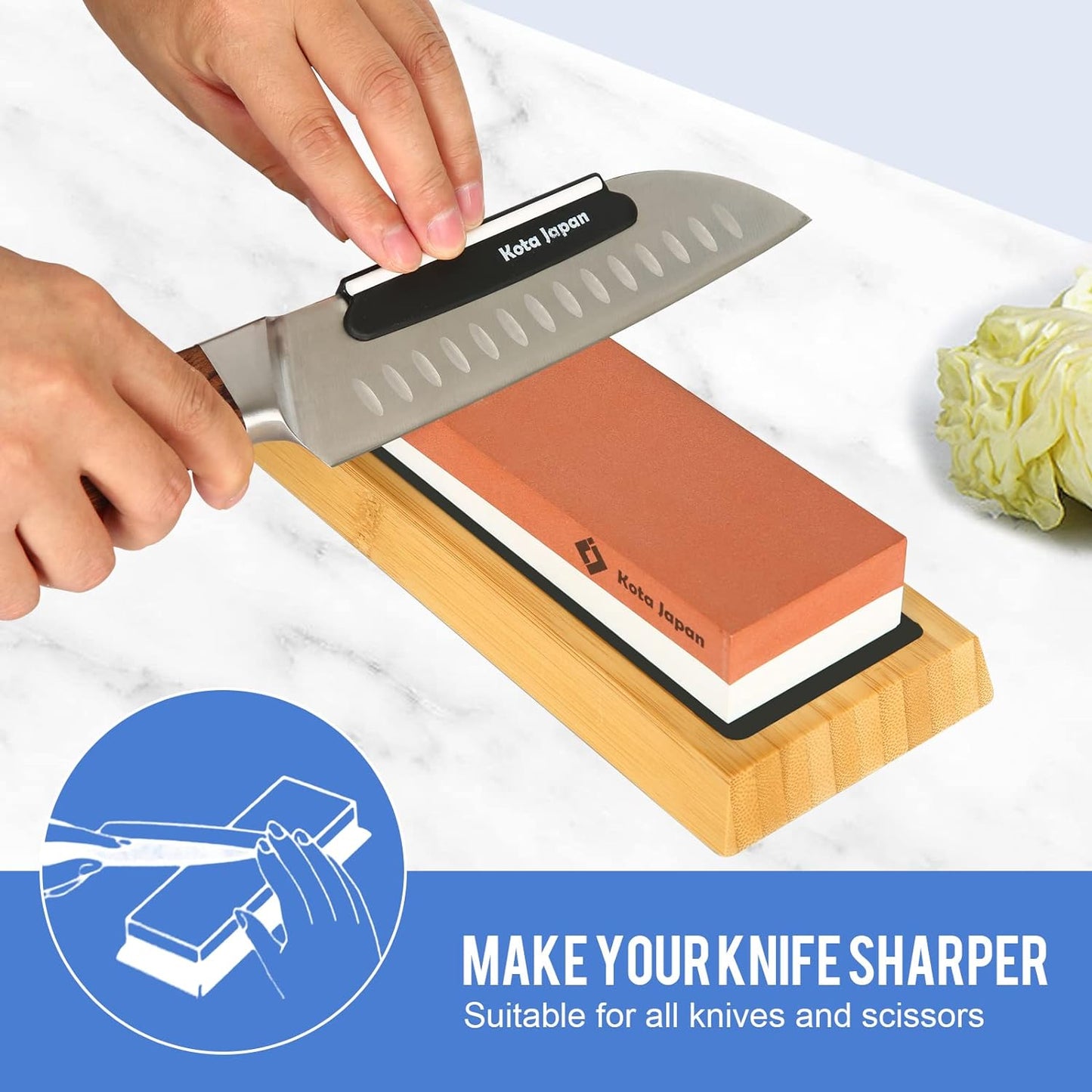 1000-grit Coarse Side and 6000-grit Polishing Side Knife Sharpening Whetstone with Bamboo Base and Blade Guide | Dual-sided design combines coarse sharpening and fine polishing in one stone. Complete kit for home knife maintenance.