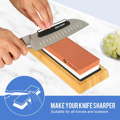 1000-grit Coarse Side and 6000-grit Polishing Side Knife Sharpening Whetstone with Bamboo Base and Blade Guide | Dual-sided design combines coarse sharpening and fine polishing in one stone. Complete kit for home knife maintenance.