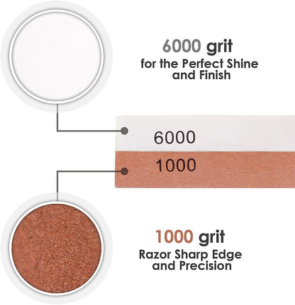 1000-grit Coarse Side and 6000-grit Polishing Side Knife Sharpening Whetstone with Bamboo Base and Blade Guide | Dual-sided design combines coarse sharpening and fine polishing in one stone. Complete kit for home knife maintenance.