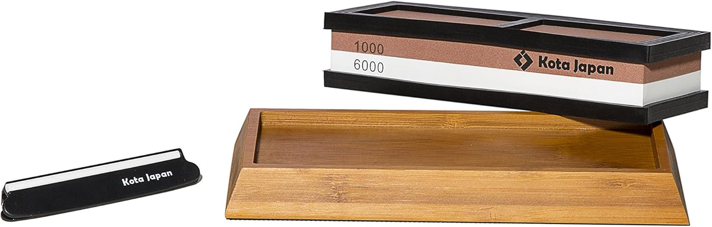 1000-grit Coarse Side and 6000-grit Polishing Side Knife Sharpening Whetstone with Bamboo Base and Blade Guide | Dual-sided design combines coarse sharpening and fine polishing in one stone. Complete kit for home knife maintenance.