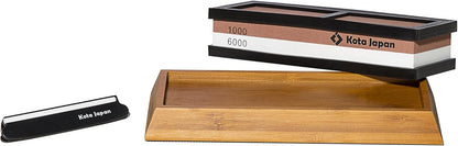 1000-grit Coarse Side and 6000-grit Polishing Side Knife Sharpening Whetstone with Bamboo Base and Blade Guide | Dual-sided design combines coarse sharpening and fine polishing in one stone. Complete kit for home knife maintenance.