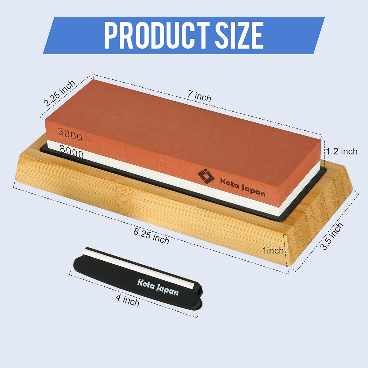 1000-grit Coarse Side and 6000-grit Polishing Side Knife Sharpening Whetstone with Bamboo Base and Blade Guide | Dual-sided design combines coarse sharpening and fine polishing in one stone. Complete kit for home knife maintenance.