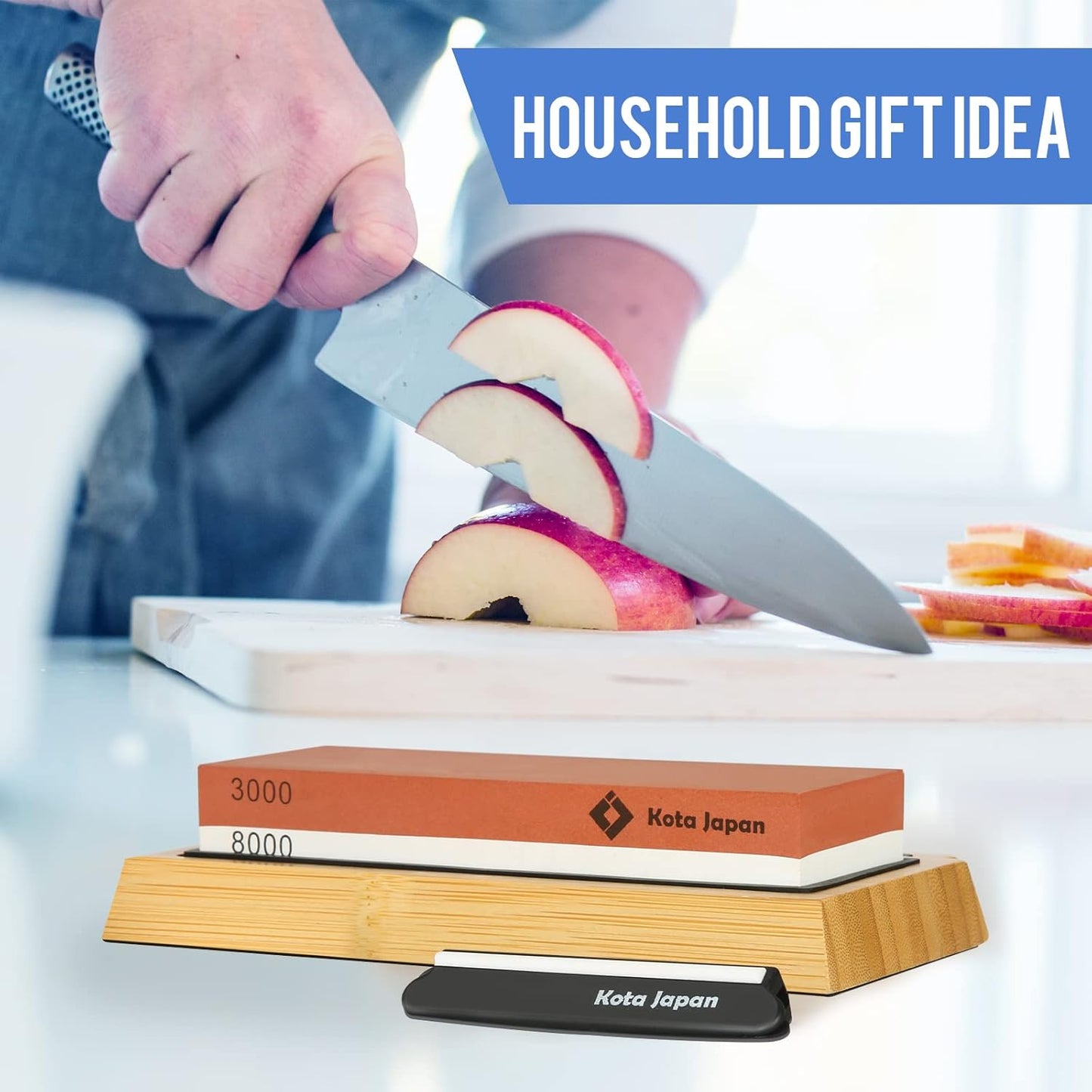 1000-grit Coarse Side and 6000-grit Polishing Side Knife Sharpening Whetstone with Bamboo Base and Blade Guide | Dual-sided design combines coarse sharpening and fine polishing in one stone. Complete kit for home knife maintenance.