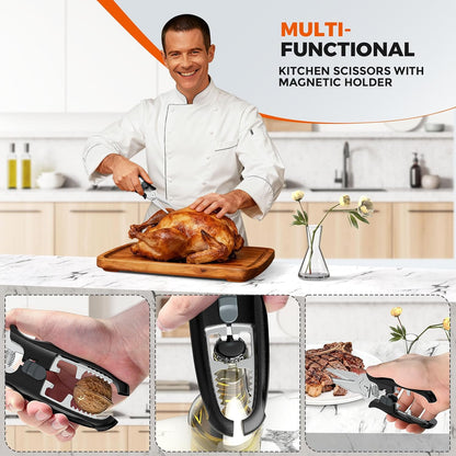 Multifunctional Kitchen Scissors - Kitchen Shears with Magnetic Holder & Safety Lock, Heavy Duty Poultry Shears, Stainless Steel for Chicken Meat Cutting Turkey, Vegetables