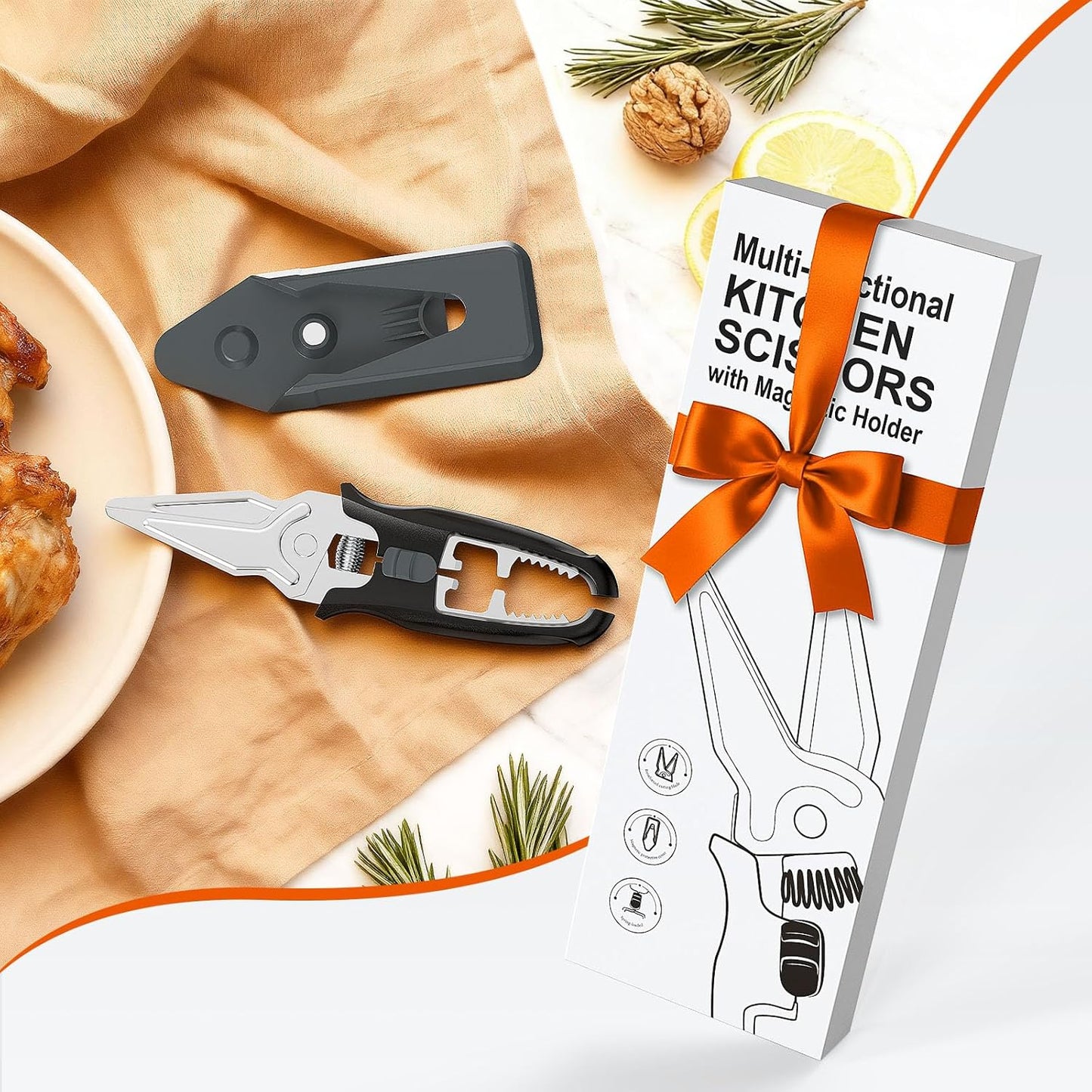 Multifunctional Kitchen Scissors - Kitchen Shears with Magnetic Holder & Safety Lock, Heavy Duty Poultry Shears, Stainless Steel for Chicken Meat Cutting Turkey, Vegetables