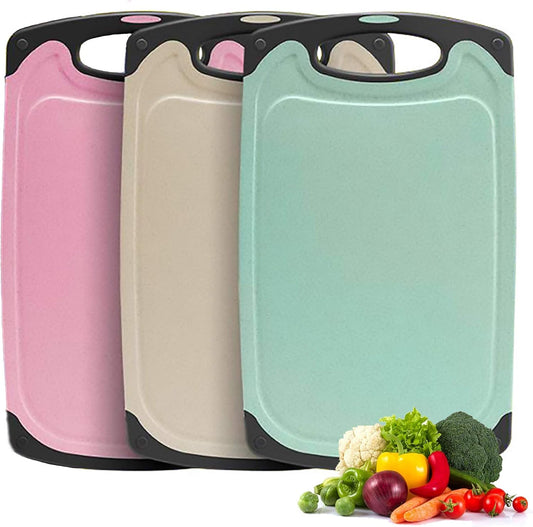 Kitchen Cutting Board Set 3 Piece Wheat Straw Plastic Cutting Boards for Kitchen with Juice Grooves Easy Grip Handle Bpa Free Non Porous Non Slip Dishwasher Safe Chopping Board (Beige + Green + Pink)