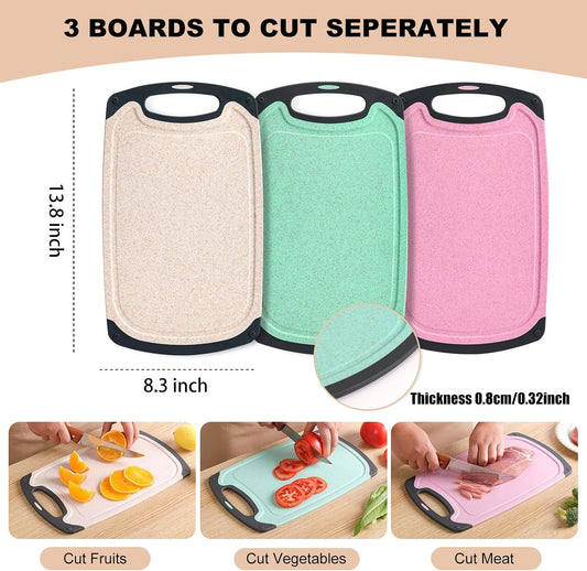 Kitchen Cutting Board Set 3 Piece Wheat Straw Plastic Cutting Boards for Kitchen with Juice Grooves Easy Grip Handle Bpa Free Non Porous Non Slip Dishwasher Safe Chopping Board (Beige + Green + Pink)
