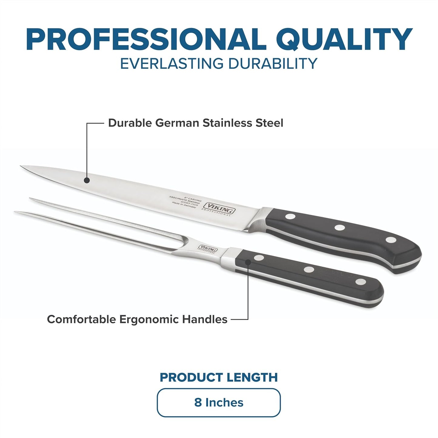 2-Piece Carving Knife and Fork Set, 8 Inch German Stainless Steel Knife and Fork with Ergonomic Handles for Turkey, Roasts and Chicken, Black