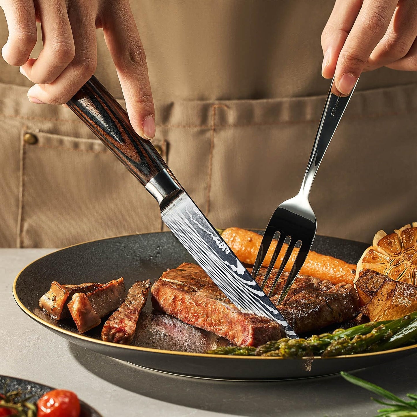 SENKEN Non-Serrated Steak Knife Set with Damascus Pattern - Razor Sharp Straight Edge Blade, Stainless Steel & Wood Handle (Steak Knives Set of 6)