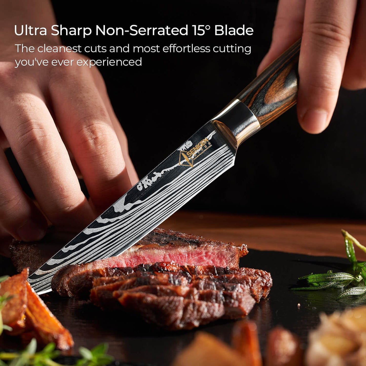 SENKEN Non-Serrated Steak Knife Set with Damascus Pattern - Razor Sharp Straight Edge Blade, Stainless Steel & Wood Handle (Steak Knives Set of 6)