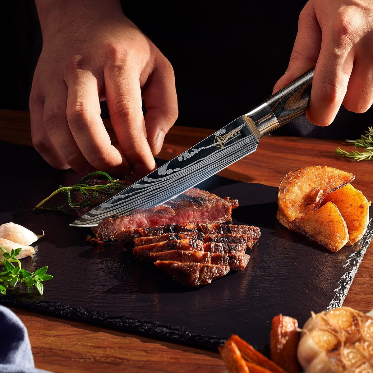 SENKEN Non-Serrated Steak Knife Set with Damascus Pattern - Razor Sharp Straight Edge Blade, Stainless Steel & Wood Handle (Steak Knives Set of 6)