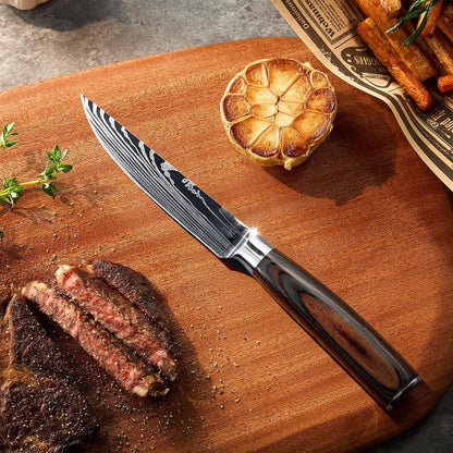 SENKEN Non-Serrated Steak Knife Set with Damascus Pattern - Razor Sharp Straight Edge Blade, Stainless Steel & Wood Handle (Steak Knives Set of 6)