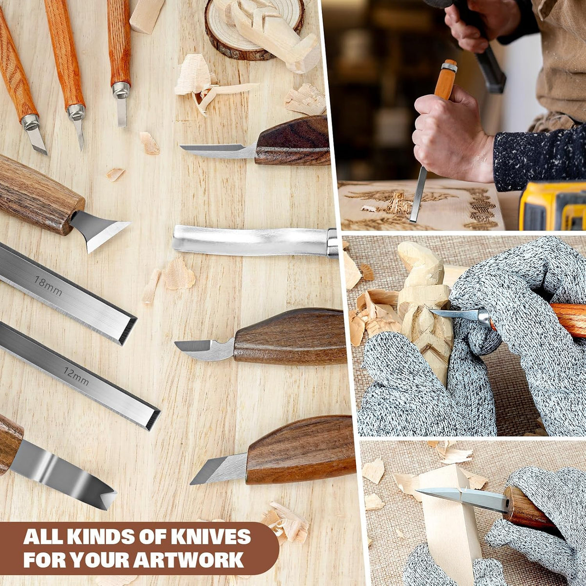 Wood Carving Kit, 20Pcs Wood Carving Tools with Leather Storage Bag, Whittling Kit with 3Pcs Chisels & 8Pcs Whittling Knives & 5 Detail Knives for Beginners and Enthusiasts
